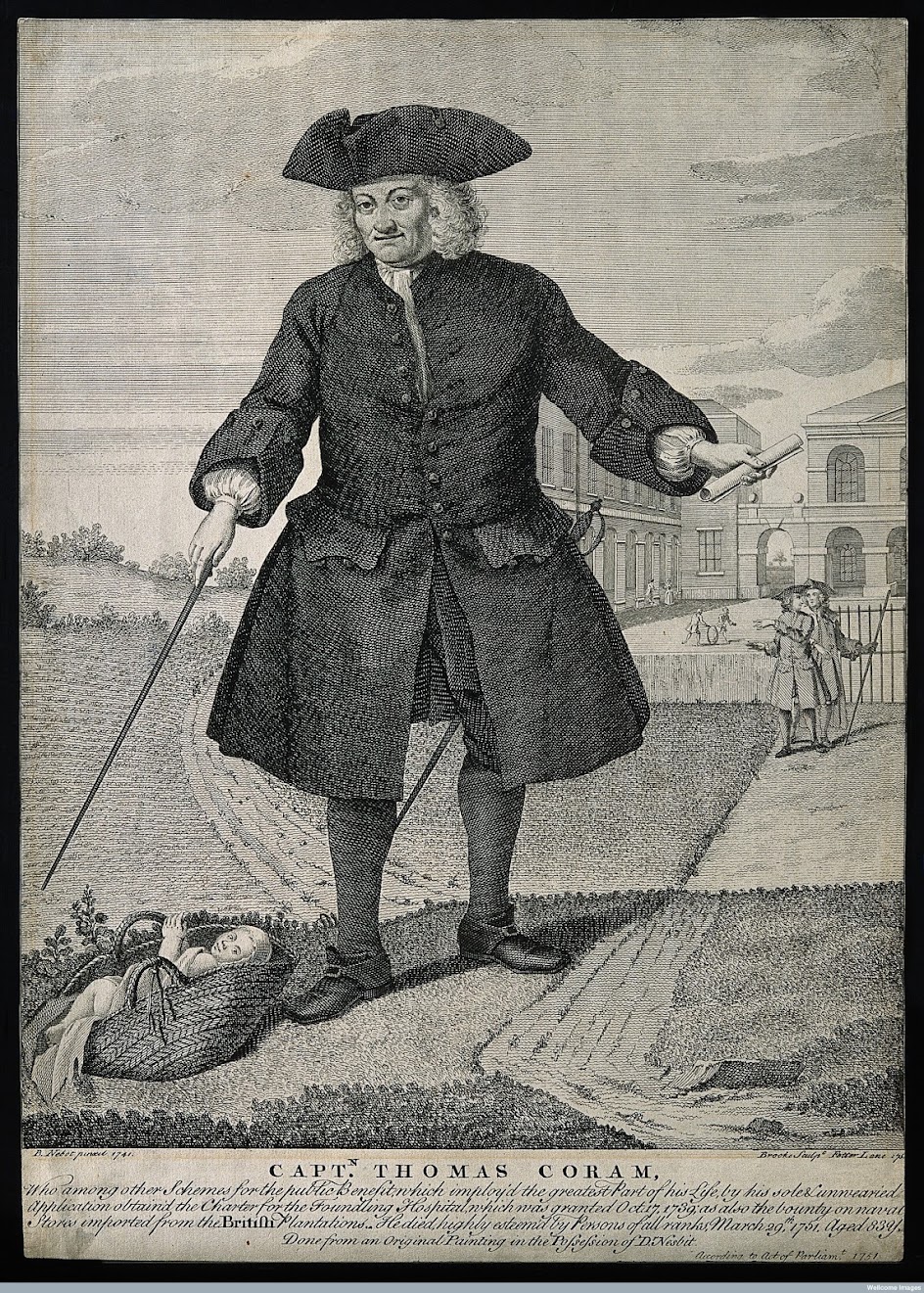 V0001284 Thomas Coram, in the foreground an infant in a basket, in th Credit: Wellcome Library, London. Wellcome Images images@wellcome.ac.uk http://wellcomeimages.org Thomas Coram, in the foreground an infant in a basket, in the background the Foundling Hospital. Line engraving by J. Brooke, 1751, after B. Nebot, 1741. 1751 By: Balthasar NebotPublished:  -  Copyrighted work available under Creative Commons Attribution only licence CC BY 4.0 http://creativecommons.org/licenses/by/4.0/
